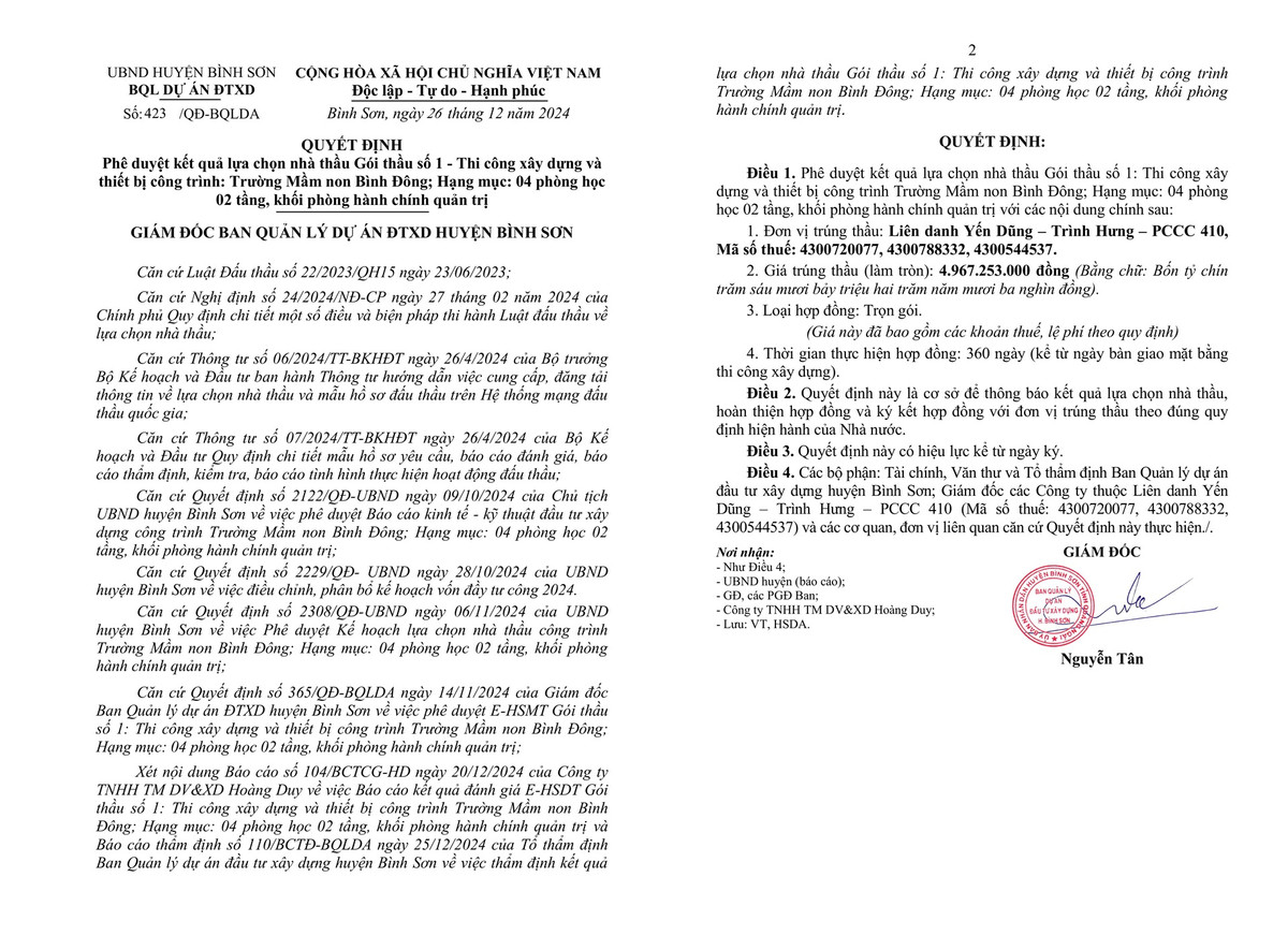 Quảng Ngãi: Nhà thầu nào sẽ thi công trường Mầm non Bình Đông? Quang Ngai: Nha thau nao se thi cong truong Mam non Binh Dong?