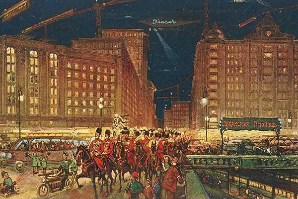 Theo Sputnik, máy bay, khinh khí cầu Zeppelin, dòng người đông đúc phía sau những tòa nhà lịch sử,...là khung cảnh ở Moscow vào thế kỷ 23 theo tưởng tượng của một họa sĩ năm 1914. (Nguồn ảnh: Sputnik)