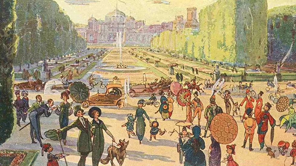 Rất đông người đi dạo qua công viên Petrovsky, với cung điện Petrovsky ở phía sau, trong tấm bưu thiếp năm 1914.