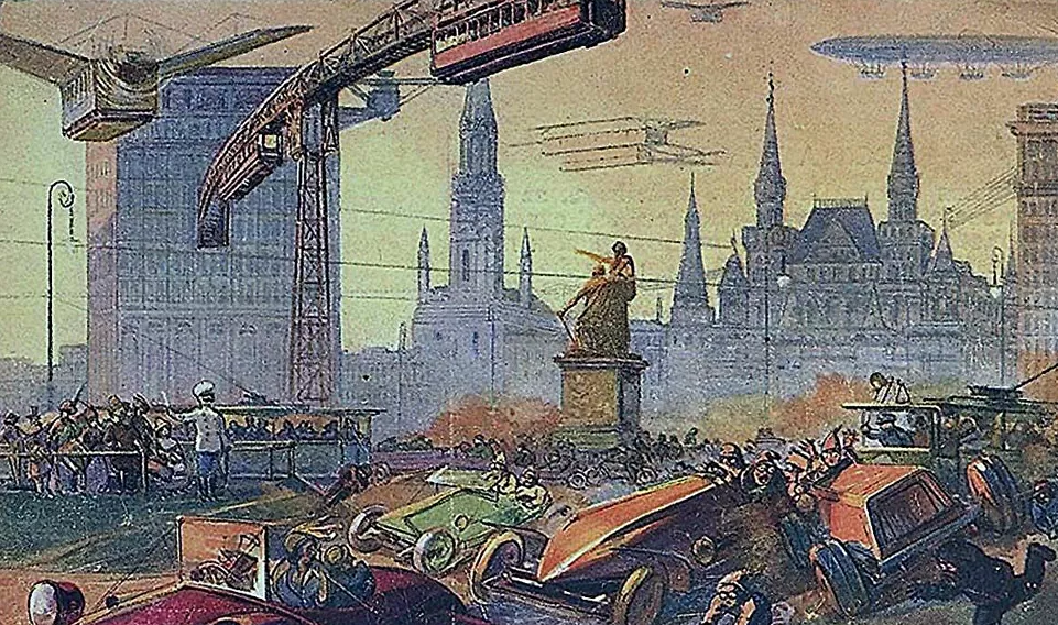 Giao thông trên mặt đất và trên không tại Quảng trường Đỏ ở Moscow năm 2259 theo tưởng tượng của một họa sĩ vào năm 1914. Mời độc giả xem thêm video: Thủ đô Moscow khuyến khích người dân đi xe đạp để hạn chế tắc nghẽn giao thông hồi năm 2013 (Nguồn video: VTC14)