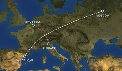 Một trong hai chiếc máy bay mang số số hiệu 2937 của hãng hàng không Bashkirian Airlines, đi từ Matxcơva, Nga đến Barcelona, Tây Ban Nha.