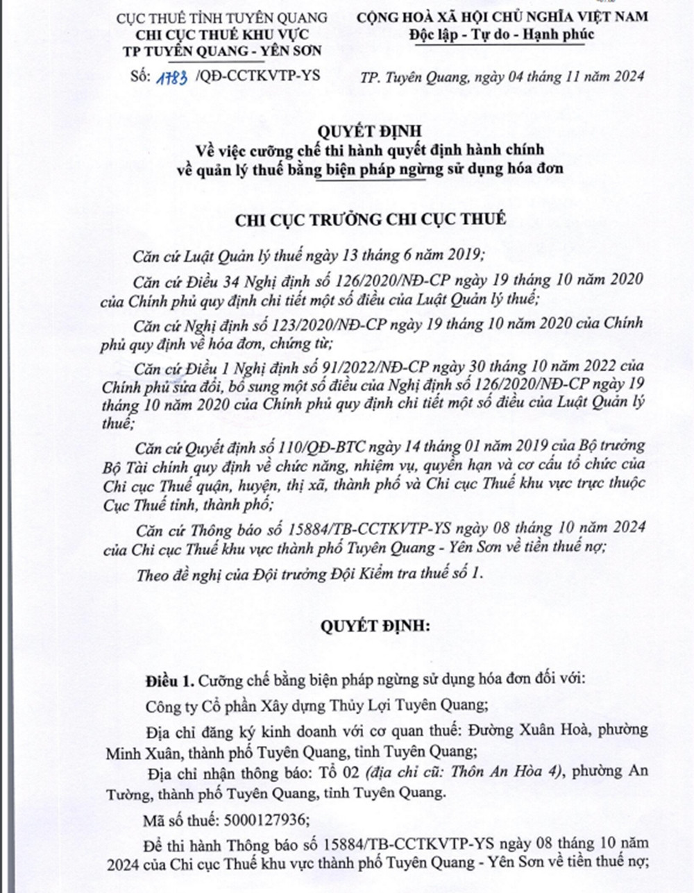 No thue 10,7 ty, XD Thuy loi Tuyen Quang bi cuong che hoa don