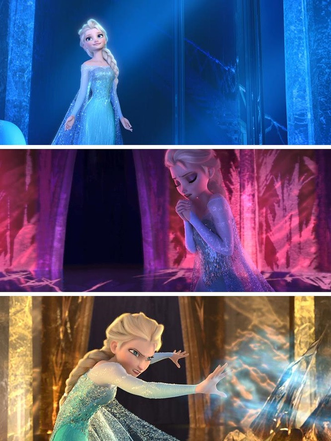 3. Frozen (2013): Lâu đài đã đổi màu theo cảm xúc của Elsa. Màu xanh là hạnh phúc, đỏ là sợ hãi và vàng là tức giận.