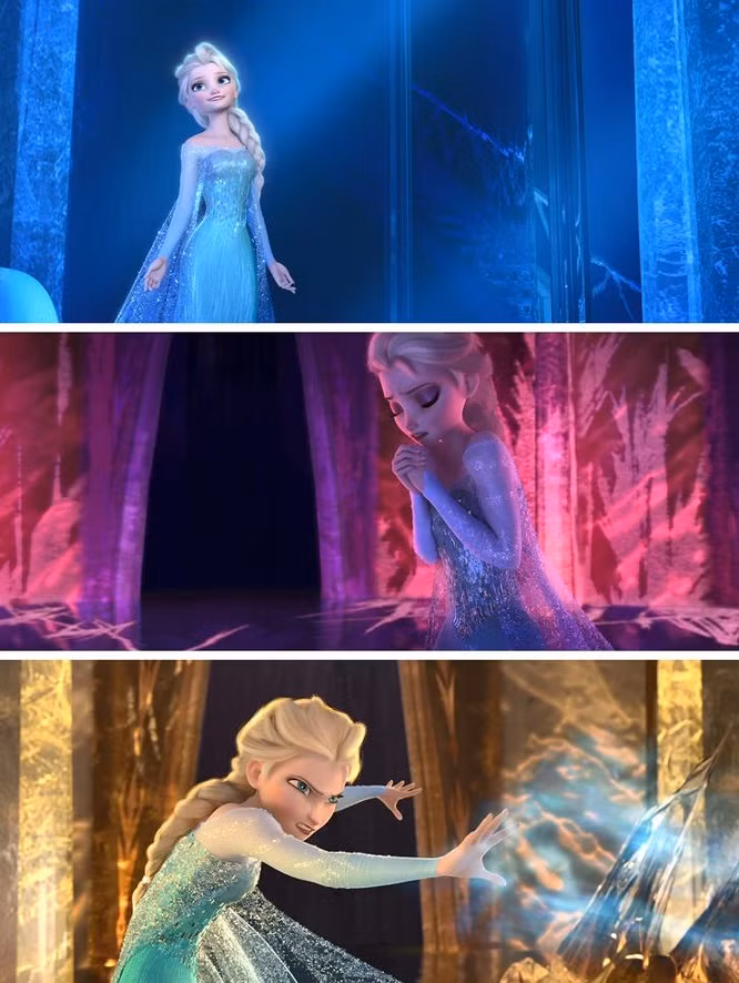 3. Frozen (2013): Lâu đài đã đổi màu theo cảm xúc của Elsa. Màu xanh là hạnh phúc, đỏ là sợ hãi và vàng là tức giận.