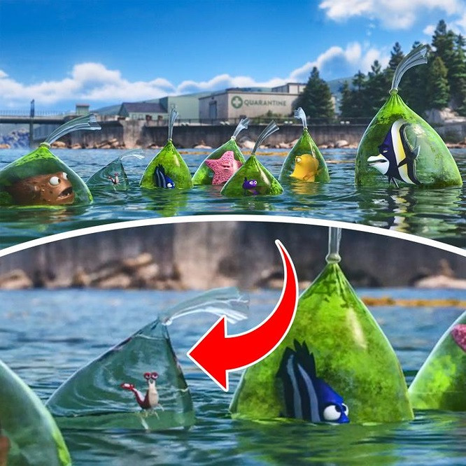 7. Finding Dory (2016): Thức ăn ưa thích của loài tôm là các loại vi khuẩn. Vì thế nên túi ny-lon của tôm Jacques lúc nào cũng sạch sẽ.
