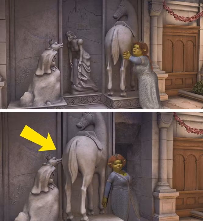 2. Shrek the Third (2007): Một cảnh tượng kỳ quặc khi công chúa Fiona khám phá ra cánh cửa bí mật bên trong lâu đài.