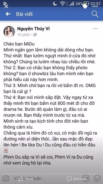Có vẻ như quá quen với những lời chỉ trích kể từ khi nổi tiếng nhờ tai tiếng, nên chẳng có gì là lạ khi Thúy Vi không ngại đáp trả lại các anti-fan và công khai "khẩu chiến" với Midu bằng giọng điệu chua ngoa khi xưng hô "bạn" với đàn chị hơn 9 tuổi: "Du cũng đâu có hiền đâu!” khi "bạn lườm nguýt mình ở cửa đó". "Mình sinh ra tạo kịch cho đời nên bạn thông cảm xíu. Chẳng qua là hôm đó cô xui, cô mặc đồ ngủ ra đường nên sĩ diện. Lần sau mặc đồ đẹp lên nhé...", Thuý Vi tỏ ra khiêu khích đàn chị.