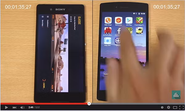 Kết quả, để khởi chạy cùng lúc 10 ứng dụng (gồm gọi thoại, trình duyệt web, CH Play, Fruit Ninja, AnTuTu Benchmark, Facebook, Temple Run 2, Asphalt 8, Máy ảnh, CPU-Z), Bphone chỉ cần 1 phút 35 giây, còn Xperia Z4 cần tới 2 phút 01 giây. Như vậy, Z4 đã chậm hơn khoảng 26 giây.