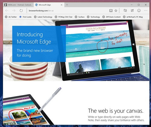  10. Thử dùng trình duyệt Edge mới. Nhiều người dùng chán trình duyệt Internet Explorer vì thiếu khả năng tương thích với một số trang web mới, hiệu suất chậm chạp. Tuy các phiên bản IE gần đây đã được cải thiện đáng kể nhưng Microsoft vẫn quyết định tung ra một trình duyệt Edge hoàn toàn mới trong Windows 10 với nhiều tính năng hấp dẫn.