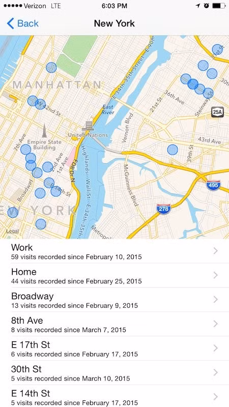  6. Xem lại những nơi đã đi qua. iPhone ghi lại tất cả những địa điểm mà họ đã lui tới trong ngày. Để làm được điều này, người dùng có thể vào Setting > Privacy > Location Services > System Services, sau đó kéo xuống dưới chọn vào dòng Frequent Locations và nhìn vào lịch sử các địa điểm đã ghé qua. Tuy nhiên, trên iOS 8.3, tính năng này đã ẩn đi phần bản đồ để bảo vệ sự riêng tư.