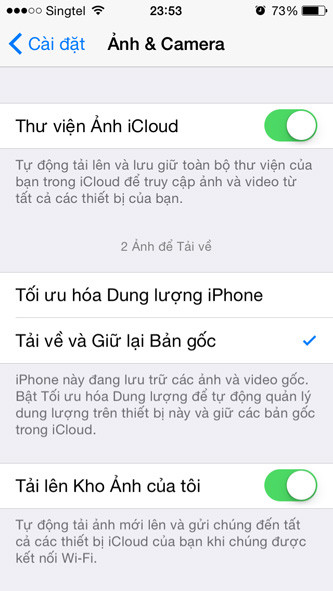  4. Giải phóng không gian lưu trữ ảnh. iOS 8 cho phép người dùng lưu trữ ảnh và các đoạn phim với độ phân giải thấp trên iPhone/iPad trong lúc tải phiên bản đầy đủ lên tài khoản iCloud. Sau khi bật tùy chọn Cài đặt &gt; Ảnh &amp; Camera &gt; Tối ưu bộ nhớ iPhone, bạn sẽ không còn phải lo lắng về việc xóa ảnh thêm một lần nào nữa.