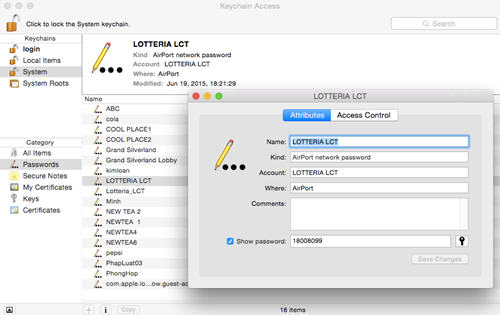 Với HĐH Mac: sử dụng tổ hợp phím command + Space, gõ vào từ khóa keychain rồi nhấn Enter. Tại mục Keychains bên trái, bạn chọn là System, tương tự như vậy, ở mục Category thì chọn là Passwords. Khi đó, toàn bộ danh sách mạng sẽ được hiển thị ở khung bên phải, việc bạn cần làm là kích chuột phải vào đó và chọn Copy password to clipboard để sao chép mật khẩu trực tiếp vào clipboard hoặc nhấp đôi vào đó, rồi đánh dấu chọn vào ô Show password.