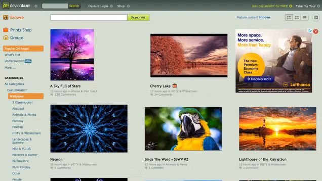  DeviantArt (DeviantArt.com) là một trong những điểm đến hàng đầu trên web cho các nghệ sỹ sáng tạo. Website này có rất nhiều ảnh nền ấn tượng được chia theo rất nhiều chủ đề. Để tìm ảnh, bạn click vào biểu tượng 3 gạch ngang phía bên trái, sau đó mục Customization chọn Wallpaper; hoặc tận dụng box tìm kiếm ở phía trên cùng màn hình. Chức năng tìm kiếm cũng giúp bạn dễ dàng tìm được hình nền theo một chủ đề nào đó.