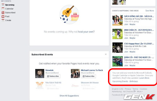  5. Không bỏ lỡ các sự kiện. Bạn có thể chắc chắn rằng mình không bỏ lỡ một sự kiện hay thông báo sinh nhật của bạn bè mà Facebook đã thông báo bằng cách đồng bộ các sự kiện này với ứng dụng lịch của Google hay Apple. Hãy vào mục Events trong cột bên trái và kéo xuống dưới cùng để thấy hộp thông báo như trong ảnh, sau đó bạn chỉ cần ấn vào Upcoming Events. Và bất kỳ sự kiện nào mới sắp đến sẽ được chuyển vào ứng dụng lịch và nhắc nhở bạn.