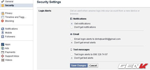  6. Thiết lập cảnh báo khi tài khoản Facebook của bạn đăng nhập từ thiết bị mới. Đây là một thiết lập cần thiết để bạn có thể biết được bất kỳ khi nào tài khoản Facebook của mình đang bị đăng nhập từ nơi khác, giúp bạn nhanh chóng biết được tài khoản của mình có thể đã bị hack. Để bật tính năng này, hãy vào Security Settings &gt; Login Alerts, sau đó bạn có thể lựa chọn các hình thức thông báo qua noti, email hay tin nhắn.