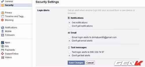  6. Thiết lập cảnh báo khi tài khoản Facebook của bạn đăng nhập từ thiết bị mới. Đây là một thiết lập cần thiết để bạn có thể biết được bất kỳ khi nào tài khoản Facebook của mình đang bị đăng nhập từ nơi khác, giúp bạn nhanh chóng biết được tài khoản của mình có thể đã bị hack. Để bật tính năng này, hãy vào Security Settings > Login Alerts, sau đó bạn có thể lựa chọn các hình thức thông báo qua noti, email hay tin nhắn.