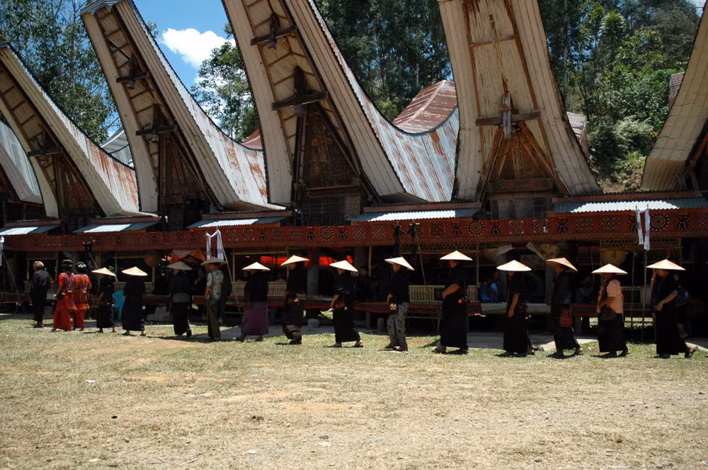 Trang phục của người Toraja cũng có một số nét giống người Việt, điển hình là chiếc nón lá mà những người phụ nữ đội trên đầu.