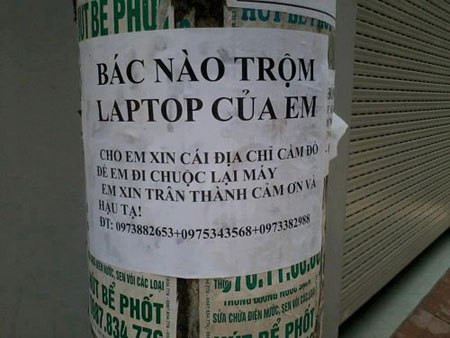 Chủ nhân tìm laptop bằng mọi cách và không quên "trân thành" cảm ơn (thay vì chân thành cảm ơn).