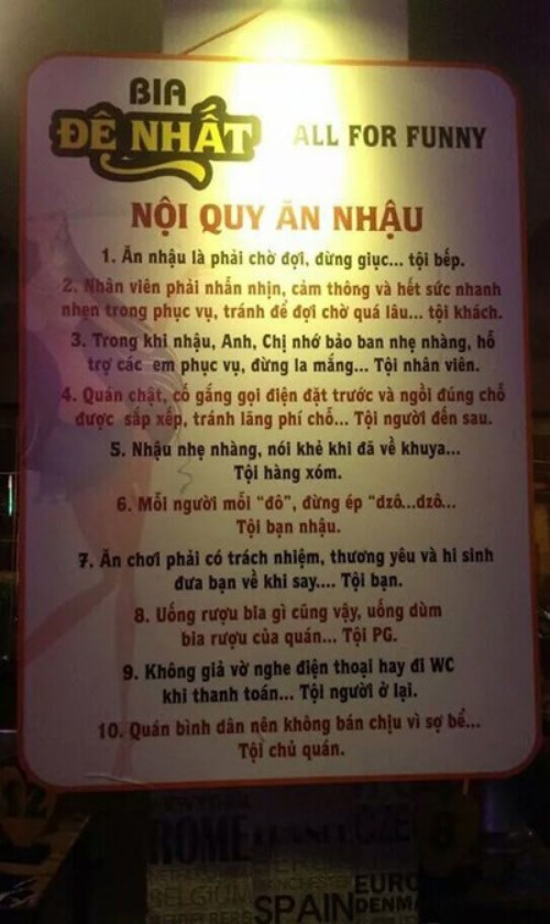 Một nội quy hài hước, dí dỏm của quán nhậu.