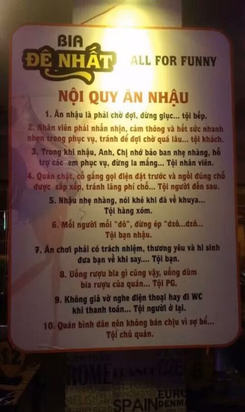 Một nội quy hài hước, dí dỏm của quán nhậu.