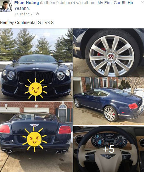 Khoảng đầu năm nay, trên trang cá nhân, Phan Hoàng đăng hình ảnh chiếc Bentley Continental GT V8 S màu xanh đen mới mua.
