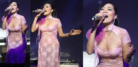 Chiếc áo dài này của Mỹ Lệ cũng bị chỉ trích vì quá hở hang. 