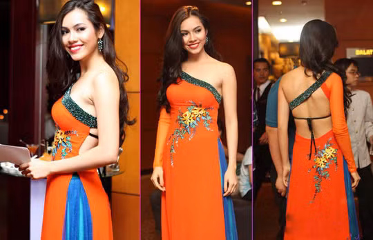 Á hậu Hoàng My gây tranh cãi khi mặc áo dài hở nhiều da thịt.