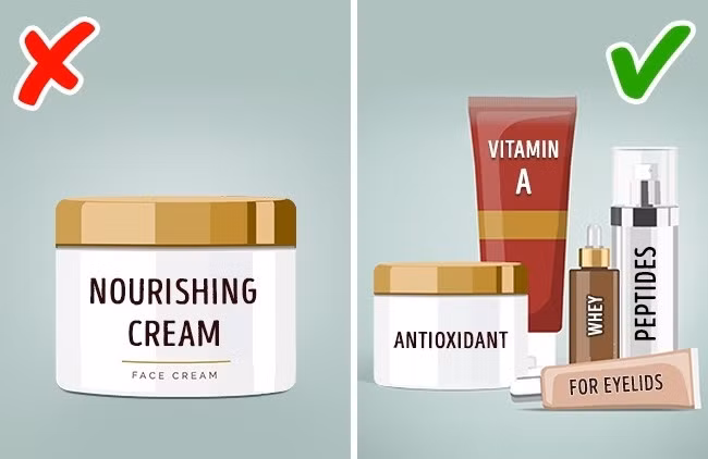 Dưỡng da nhiều lớp để tăng cường hiệu quả: Chỉ bôi kem dưỡng ẩm thôi không đủ, bạn cần thực hiện các lớp dưỡng da đúng trình tự để tăng cường hiệu quả. Sau bước làm sạch, bạn nên bắt đầu thoa toner, serum, kem dưỡng mắt rồi mới đến kem dưỡng ẩm. Ban ngày nên thoa kem chống nắng.