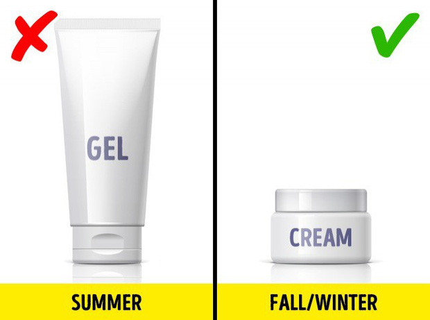 Thay đổi kem dưỡng da theo mùa: Mùa hè, bạn nên dùng các sản phẩm dưỡng có kết cấu mỏng nhẹ, dễ thẩm thấu vào da. Đến mùa đông, bạn nên thay đổi chúng, chuyển sang các sản phẩm dạng kem đặc để tăng cường độ ẩm. Không nên dùng một bộ mỹ phẩm quanh năm suốt tháng. Bạn cần theo dõi tình trạng da và điều kiện thời tiết để thay đổi cho phù hợp.