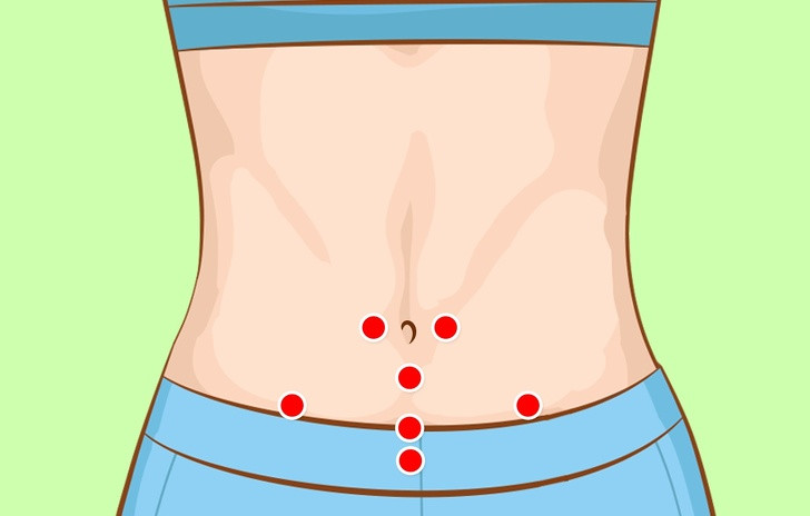 Sử dụng điểm nhấn bụng: Sử dụng ngón tay của bạn để bấm vào những điểm quanh bụng trên và trượt xuống một cách nhẹ nhàng. Ảnh: BS. Video "Bí quyết làm đẹp của sao Việt". Nguồn: VTC.