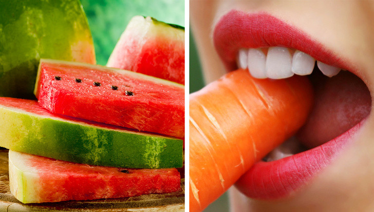 5. Dưa hấu và cà rốt: Khi đau đầu, chớ quên dùng các thực phẩm nhiều nước như dưa hấu, cà rốt, dưa chuột và cần tây. Mất nước là một trong những nguyên nhân hàng đầu gây đau đầu, hãy chắc chắn rằng bạn uống đủ nước.