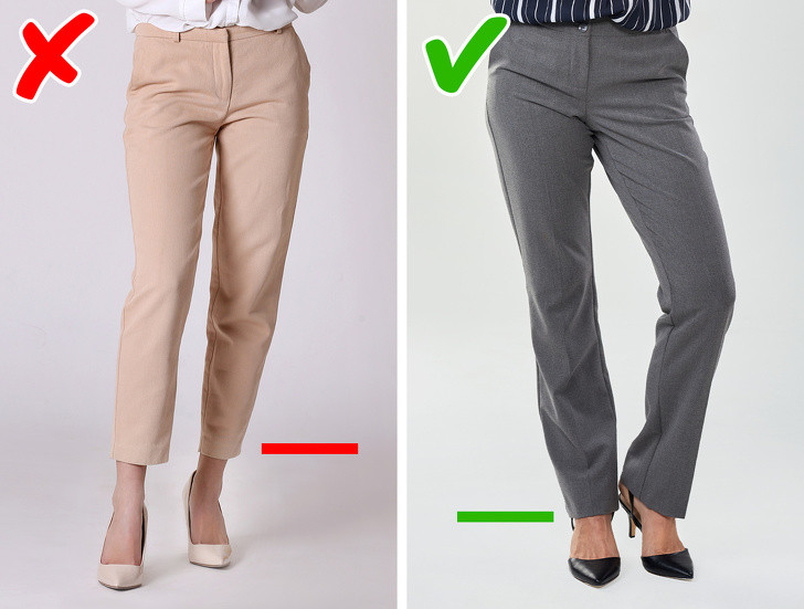 Quần lửng không phải là trang phục dành cho các cô nàng chân ngắn. Khoảng cách từ gấu quần đến mắt cá chân hở ra sẽ khiến đôi chân bạn trông ngắn và thô hơn. Thay vào đó, bạn có thể diện quần âu ống côn, quần shorts hay legging tối màu để luôn là quý cô thời thượng mà vẫn che giấu được khuyết điểm.