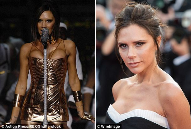 Victoria Beckham là một trong những ngôi sao theo trào lưu đưa vòng 1 trở về với tự nhiên. Ảnh trái là Vic năm 2007 với cỡ ngực “khủng” và phải là ảnh chụp năm 2016 với cỡ ngực khiêm tốn hơn nhiều.