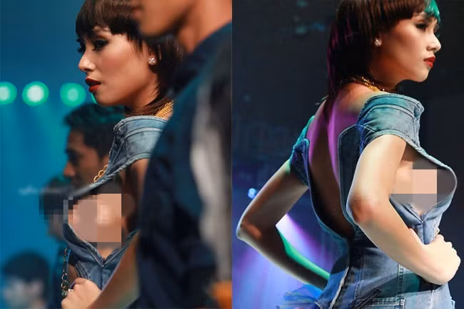 Nhiều lần cô thả rông vòng một hớ hênh trên sân khấu khiến người xem "đỏ mặt". Ảnh: FBNV. Video "Minh Hằng chia sẻ về phong cách thời trang". Nguồn: VTC.