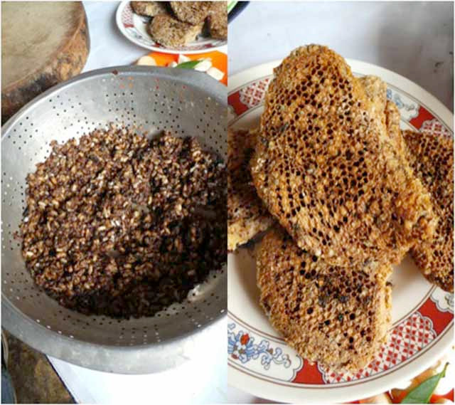 Nhộng ong sẽ được trộn với đu đủ non bào sợi và các loại gia vị khác, dẫn đến một món salad có vị chua ngọt nhẹ, ăn vừa giòn vừa béo.