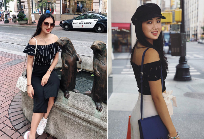 Cô trở nên năng động, khỏe khoắn hơn khi phối crop-top trễ vai cùng áo jeans.