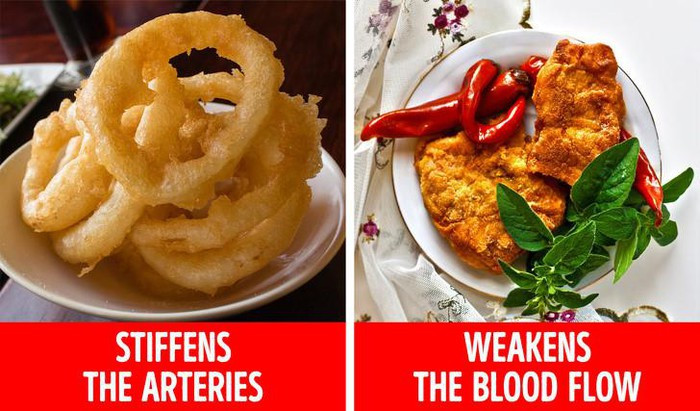 Chất béo chuyển hóa làm suy yếu lưu lượng máu đến da: Chất béo chuyển hóa có thể được tìm thấy trong thức ăn nhanh, đồ chiên rán, bơ thực vật... Những thực phẩm này không chỉ làm tăng nguy cơ phát triển bệnh tim, mà còn làm cứng động mạch hoặc co thắt các mạch máu. Điều này làm suy yếu lưu lượng máu đến da, gây lão hóa nhanh và nếp nhăn.