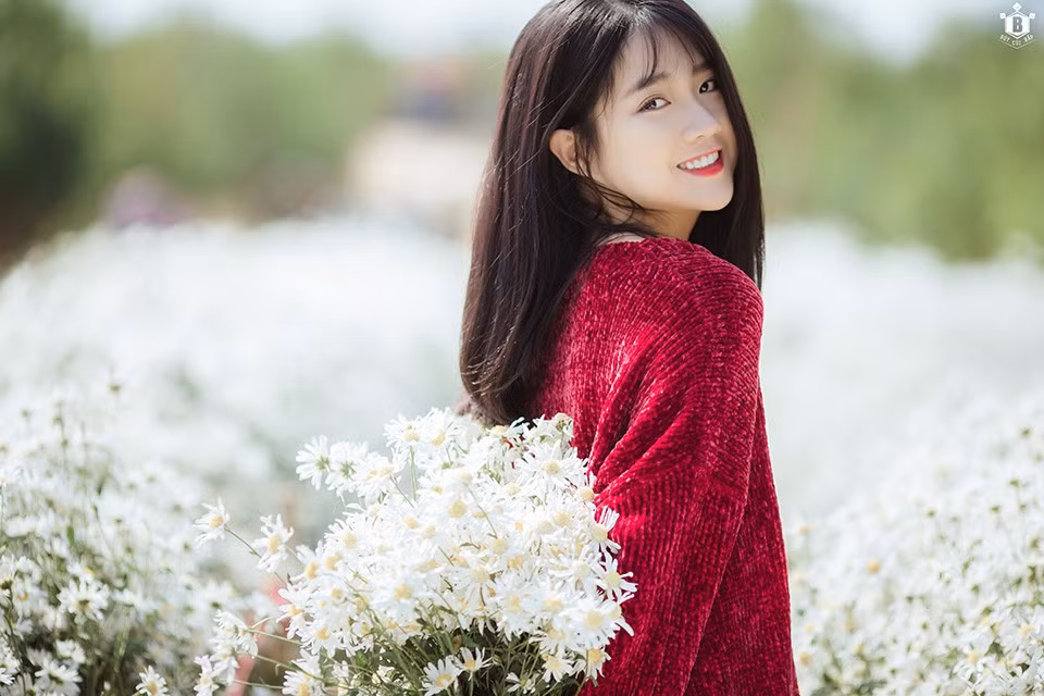 Hot girl Kiều Trinh cũng từng thực hiện bộ ảnh bên cúc họa mi cực xinh. Cô nàng mặc chiếc áo len đỏ nổi bật giữa vườn hoa trắng. Ảnh: Internet. Video "Minh Hằng chia sẻ về phong cách thời trang". Nguồn: VTC.