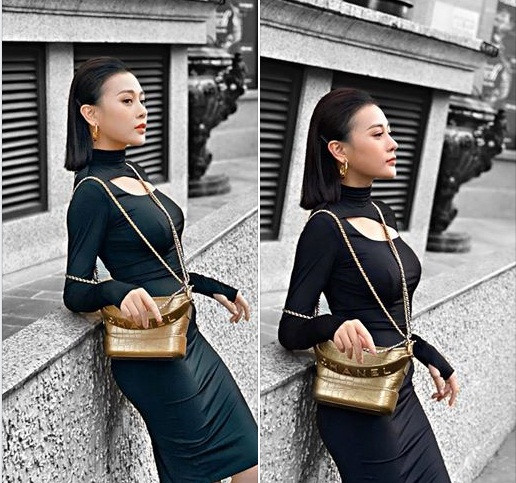 Đi cùng trang phục tối màu và phong cách gợi cảm, Phương Oanh chọn cách trang điểm đậm, quyến rũ.