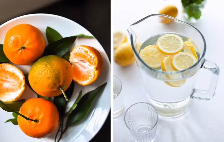 Cam và chanh: Ăn nhiều trái cây để tăng lượng vitamin và giảm cảm giác thèm đường trong kỳ kinh nguyệt. Trái cây có múi đặc biệt tốt. Bên cạnh vitamin, chúng chứa rất nhiều chất xơ và nước, sẽ giữ cho cơ thể bạn ngậm nước và tiêu hóa dễ dàng. Hơn nữa, trái cây họ cam quýt rất tốt để giảm bớt buồn nôn và các triệu chứng khó chịu khác liên quan đến kinh nguyệt.