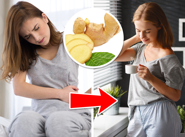 Gừng rất tốt để kiểm soát viêm và nó cũng sẽ giúp bạn giảm đau bụng kinh. Thêm gừng tươi vào trà của bạn nếu bạn bị đau bụng.