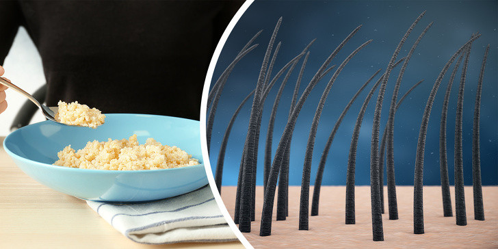 7. Quinoa (hạt diêm mạch) củng cố nang tóc: Hàm lượng protein cao của hạt diêm mạch bảo vệ và nuôi dưỡng nang tóc trong khi các chất làm ẩm trong nó nuôi dưỡng và tạo độ ẩm cho da đầu. Chúng tạo thành một lớp màng vô hình trên tóc để bảo vệ tóc khỏi các điều kiện môi trường như ô nhiễm và bụi.