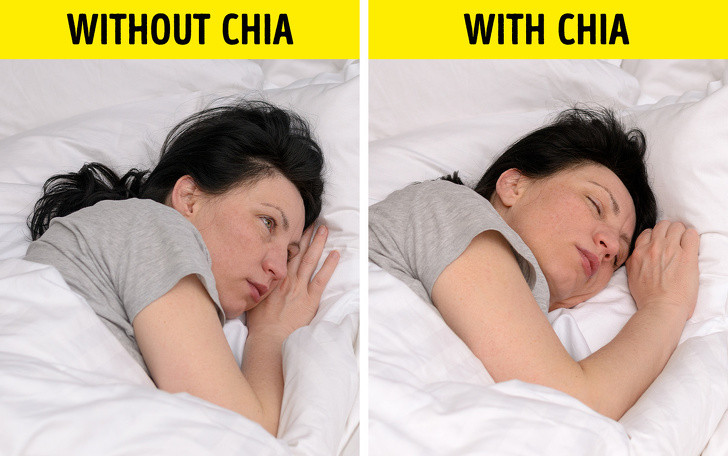 Giúp cải thiện giấc ngủ: Serotonin và melatonin là 2 hormone chịu trách nhiệm cho giấc ngủ ngon. Chúng được sản xuất bởi tryptophan (một loại axit amin) và vì hạt chia có chứa tryptophan nên việc sử dụng hạt chia mỗi ngày có thể dễ dàng mang đến cho bạn một giấc ngủ ngon lành và thư giãn.