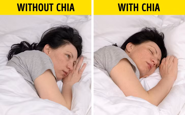 Giúp cải thiện giấc ngủ: Serotonin và melatonin là 2 hormone chịu trách nhiệm cho giấc ngủ ngon. Chúng được sản xuất bởi tryptophan (một loại axit amin) và vì hạt chia có chứa tryptophan nên việc sử dụng hạt chia mỗi ngày có thể dễ dàng mang đến cho bạn một giấc ngủ ngon lành và thư giãn.