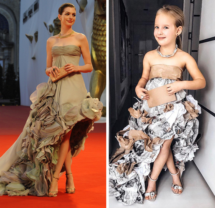Bé Stefani mặc bắt chước trang phục thảm đỏ của Anne Hathaway. 