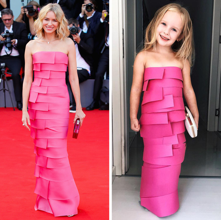 Cô bé quấn bộ váy giấy giống y hệt váy thật của người đẹp Naomi Watts. Ảnh: BS. Video "Minh Hằng chia sẻ về phong cách thời trang". Nguồn: VTC.