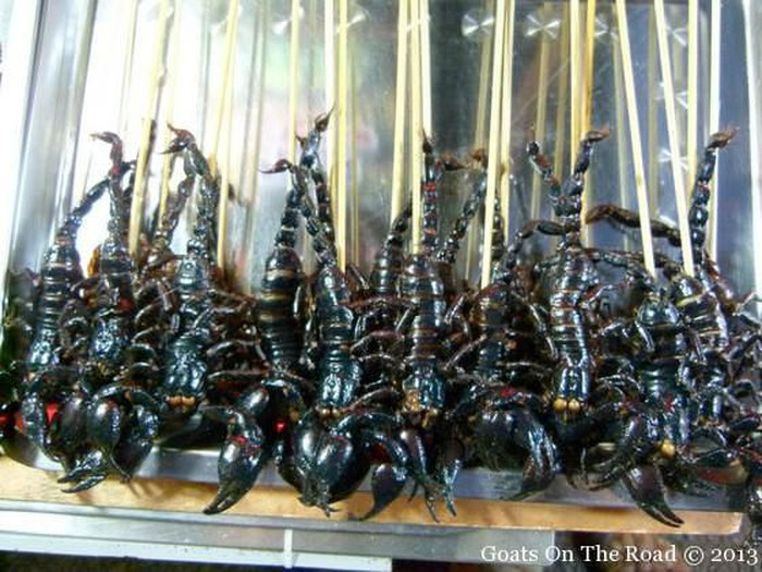 Bọ cạp: Những con bọ cạp lớn, đen xì đáng sợ này đã được phát hiện ở cả Bắc Kinh và Hàng Châu. Tất nhiên với món ăn này đa số du khách chạy mất dép không dám thử.