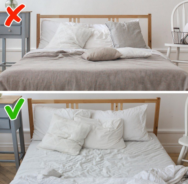 Gấp chăn ngay sau khi thức dậy: Dọn dẹp giường ngủ là một thói quen tốt nhưng đừng làm việc đó ngay khi vừa thức dậy. Chăn ga vẫn còn hơi ấm của cơ thể là môi trường thích hợp để vi khuẩn trú ngụ, vì vậy, bạn nên vệ sinh cá nhân xong rồi hãy quay lại dọn giường. Ảnh: BS, Internet.