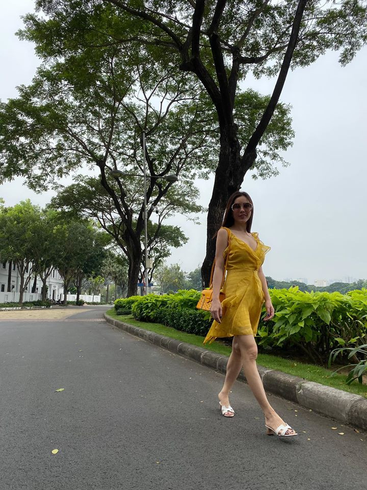 Hoa hậu sinh năm 1976 diện chiếc váy vàng gợi cảm phối thêm chiếc túi xách cùng tông sang chảnh.