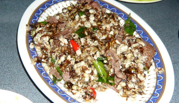 Khi ăn trúng thịt kiến, bạn sẽ ngay lập tức nghe thấy âm thanh giòn nổ “bụp” tan trong miệng mình rất thú vị. Đặc biệt, món ăn này sẽ càng tăng thêm hương vị khi du khách gọi thêm một chén cơm trắng để ăn kèm.